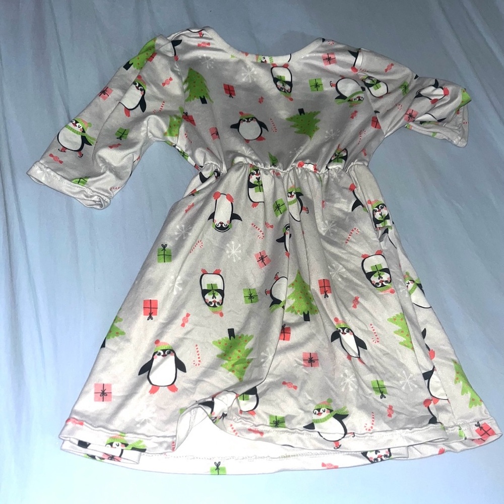 Festive Penguin Print Kids Dress - White and Green